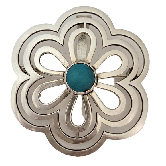 Sterling Silver Mexico Round Flower Cutout Turquoise Flower Brooch Pendant - Picture 2 of 8